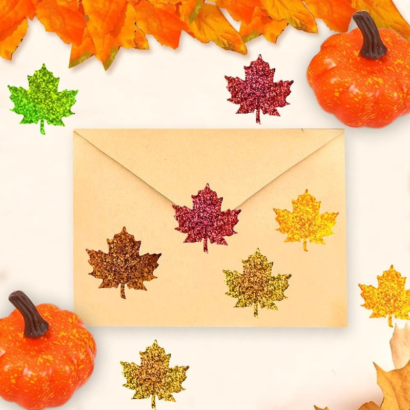 RUPOFUZA 500Pcs Fall Thanksgiving Leaf Stickers 1.5in Maple Leaf Decals 5 Colors Holographic Self Adhesive Label Leaves Stickers Roll for Autumn Party Cards Seal Envelopes Supplies Decor - Image 4